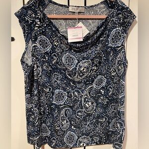 Kasper Navy and White Paisley Sleeveless Blouse